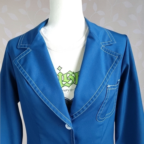 Vintage 70s Koratron Contrast Stitch Blazer Chore Jacket Koret Cerulean Blue Sm - Picture 3 of 16